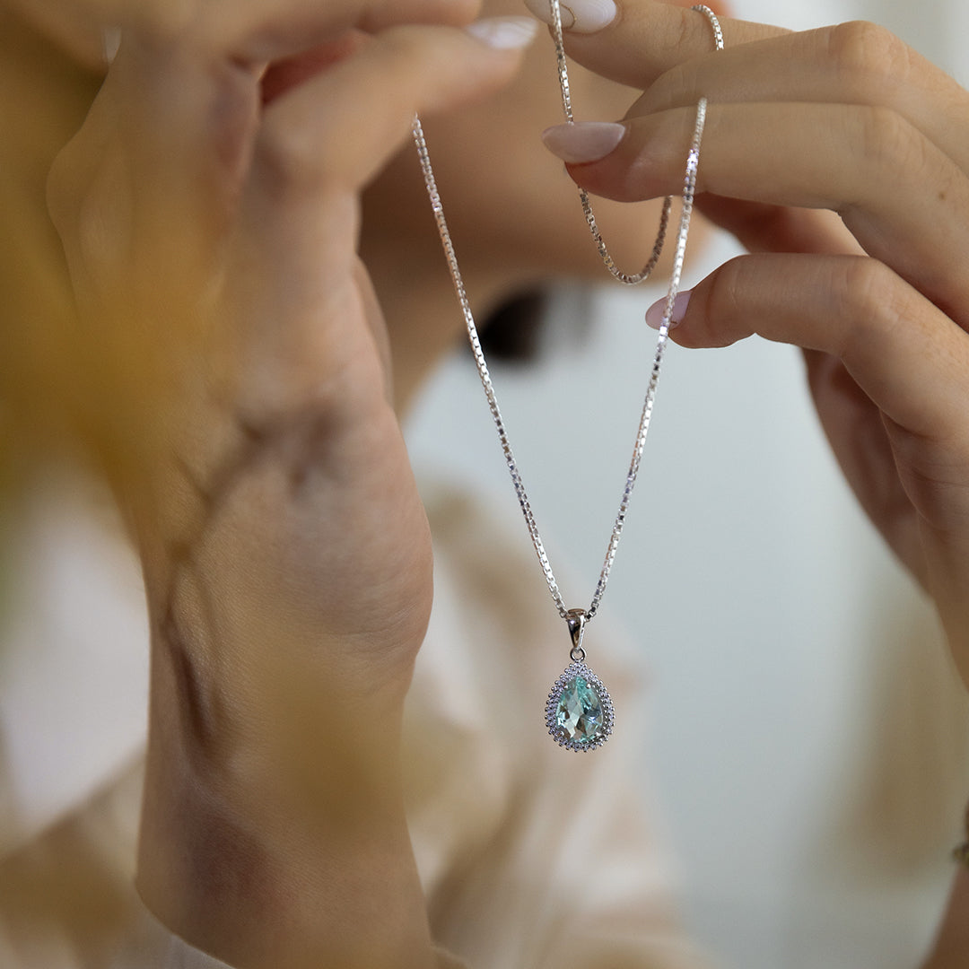 Selene 銀光水滴吊墜項鍊 - 湖水綠