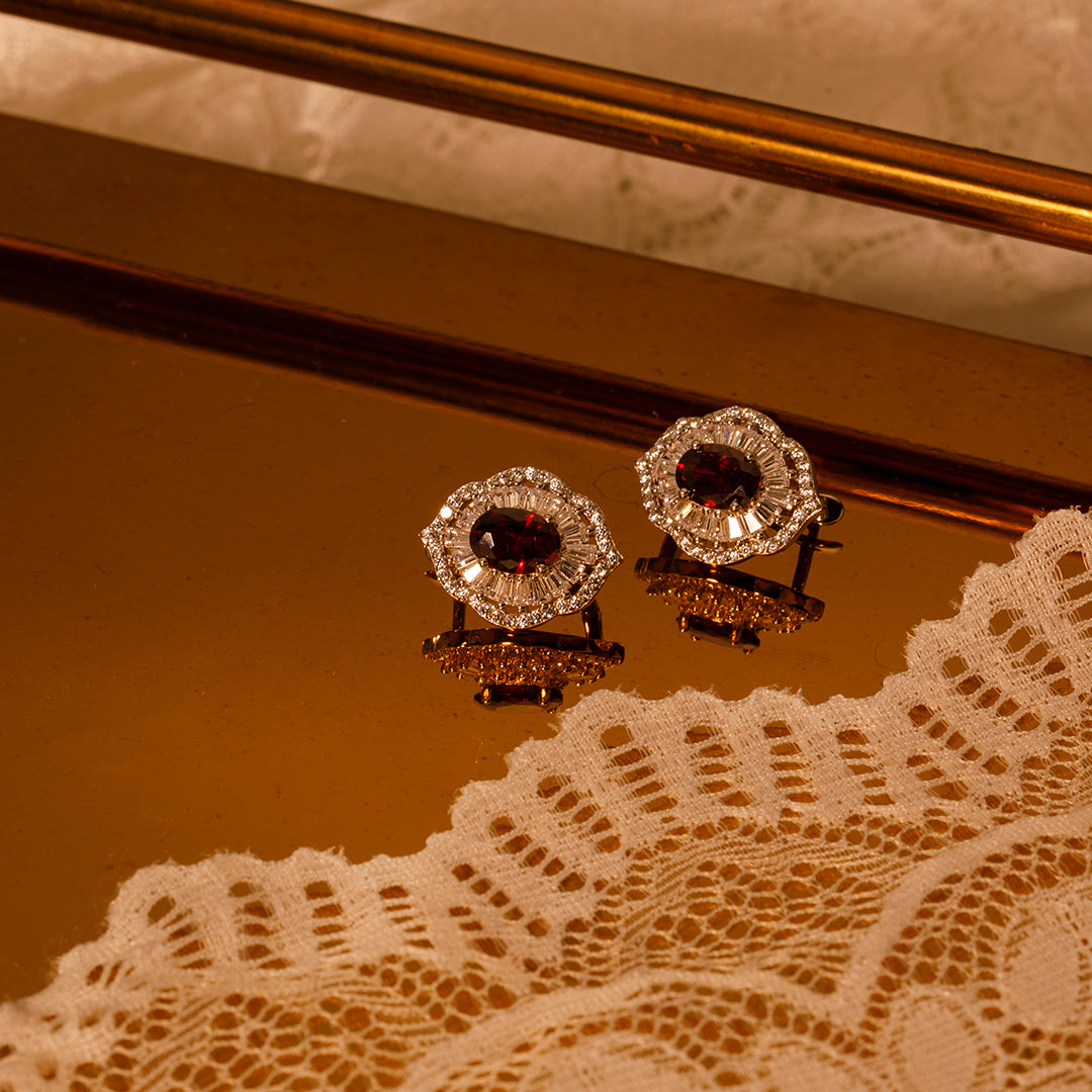 Sterling Silver|Lea Halo Oval Earrings – Garnet Red