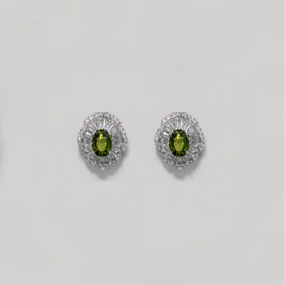 Sterling Silver｜Zoya Halo Oval Earrings – Olive Green