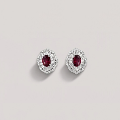 Sterling Silver｜Lea Halo Oval Earrings – Garnet Red